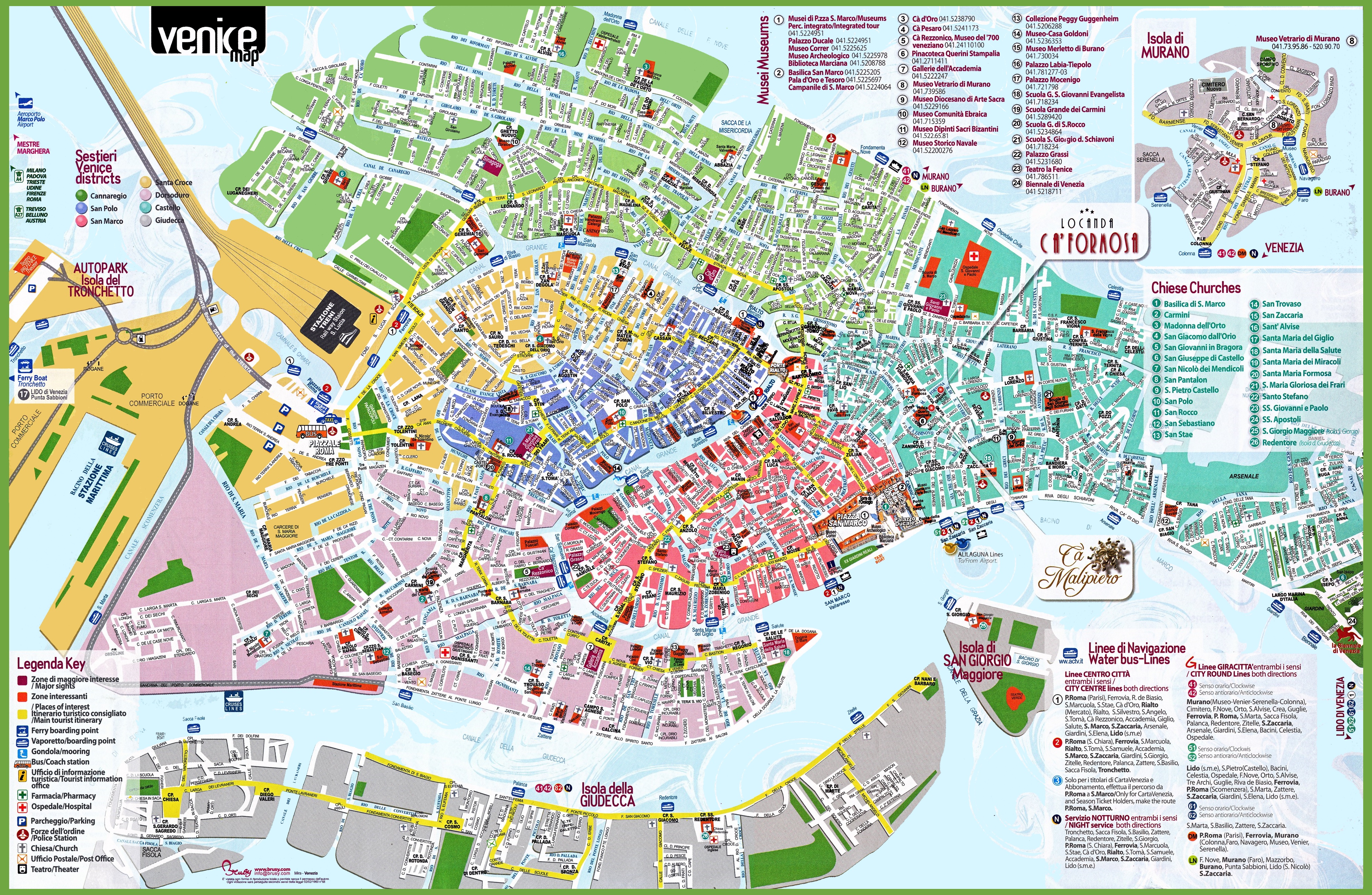 Mapa de atracciones turísticas de Venecia - Italia